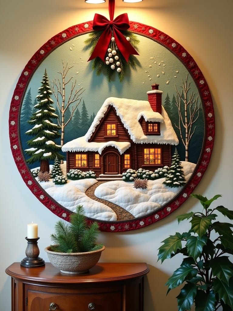 Whimsical Winter Cabin Quilt in Vibrant Patchwork Style