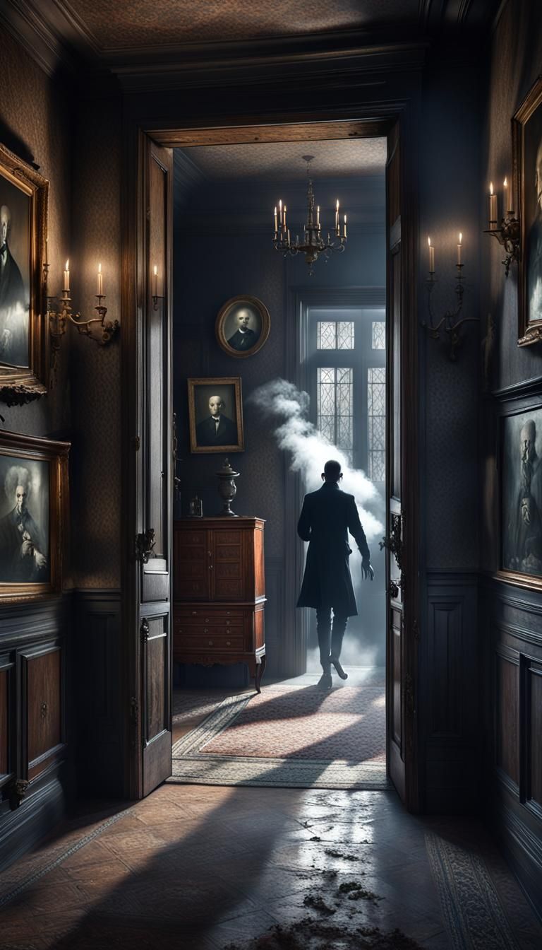 Hallway in Old House with Ghostly Smoke Figure