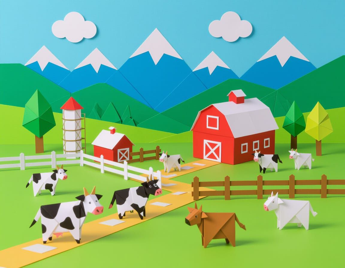 Origami Alpine Farm Scene in Autumn