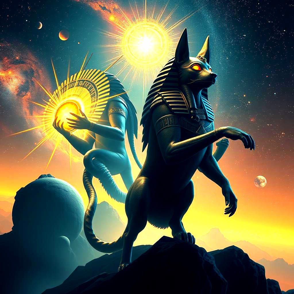 Egyptian Gods Ra and Anubis as Celestial Beings