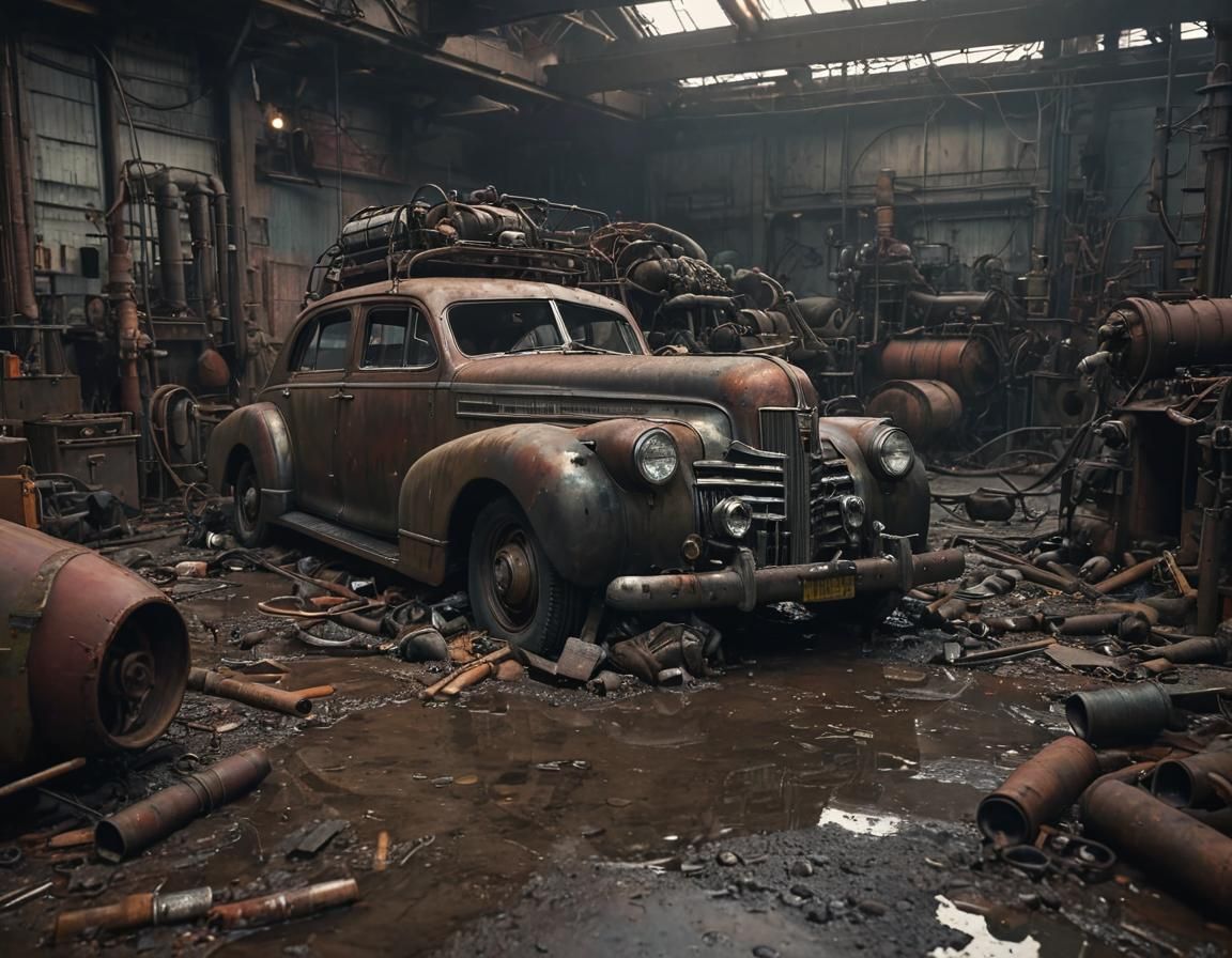 Dieselpunk Factory Interior with Cadillac Fleetwood