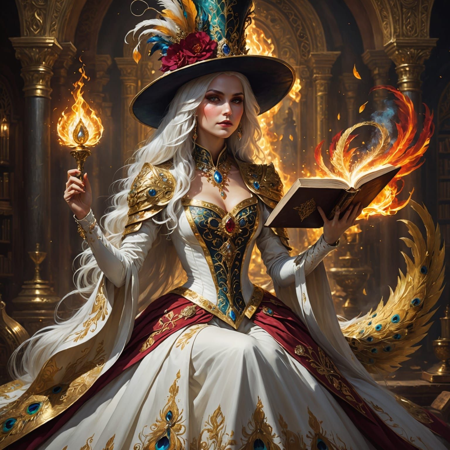 Steampunk Woman Riding Golden Peacock with Spellbook