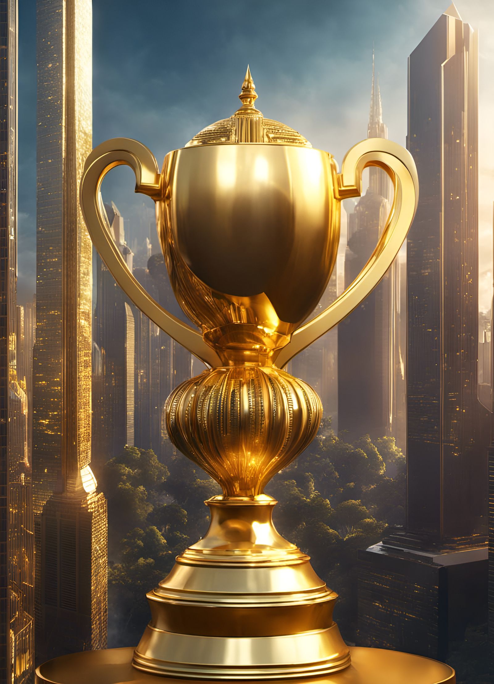 Giant Golden Trophy Dominates Sunny Cityscape