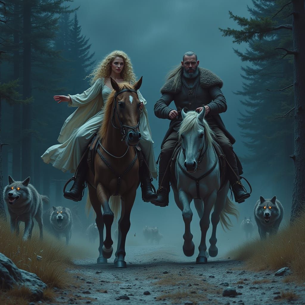 Dark Fantasy Scene: Woman Falls From Horse Amidst Wolves