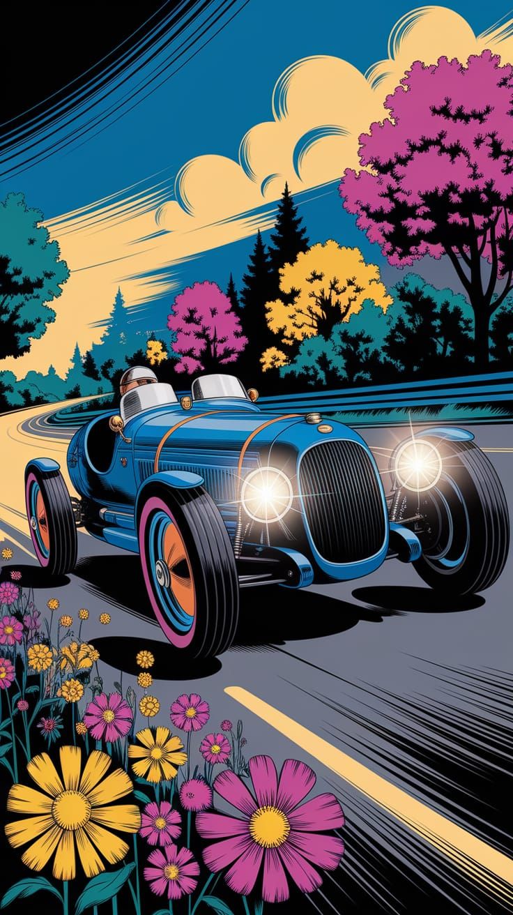 Vintage Racecar in Pulp Comic Style