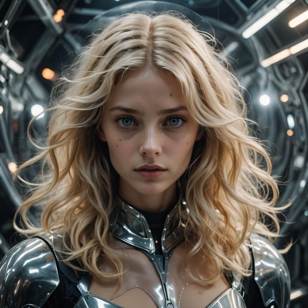Blonde Fairy in Spaceship with Aliens: Cinematic Still