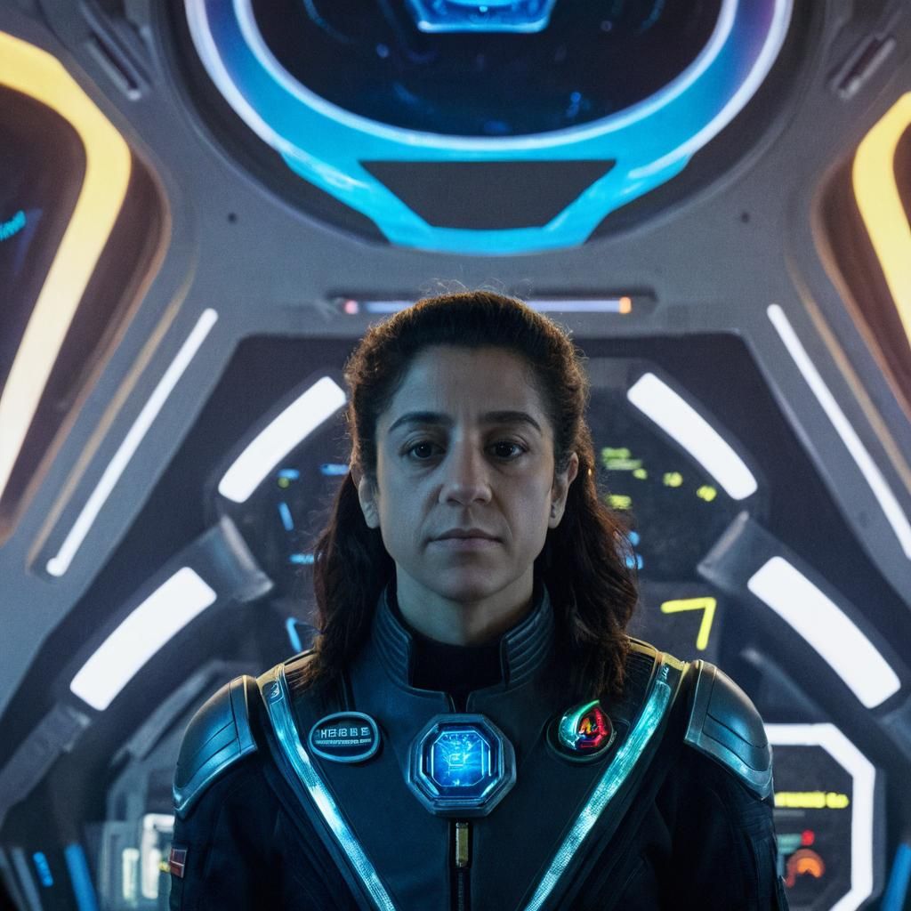 Confident Spaceship Captain in Elaborate Spacecraft Interior