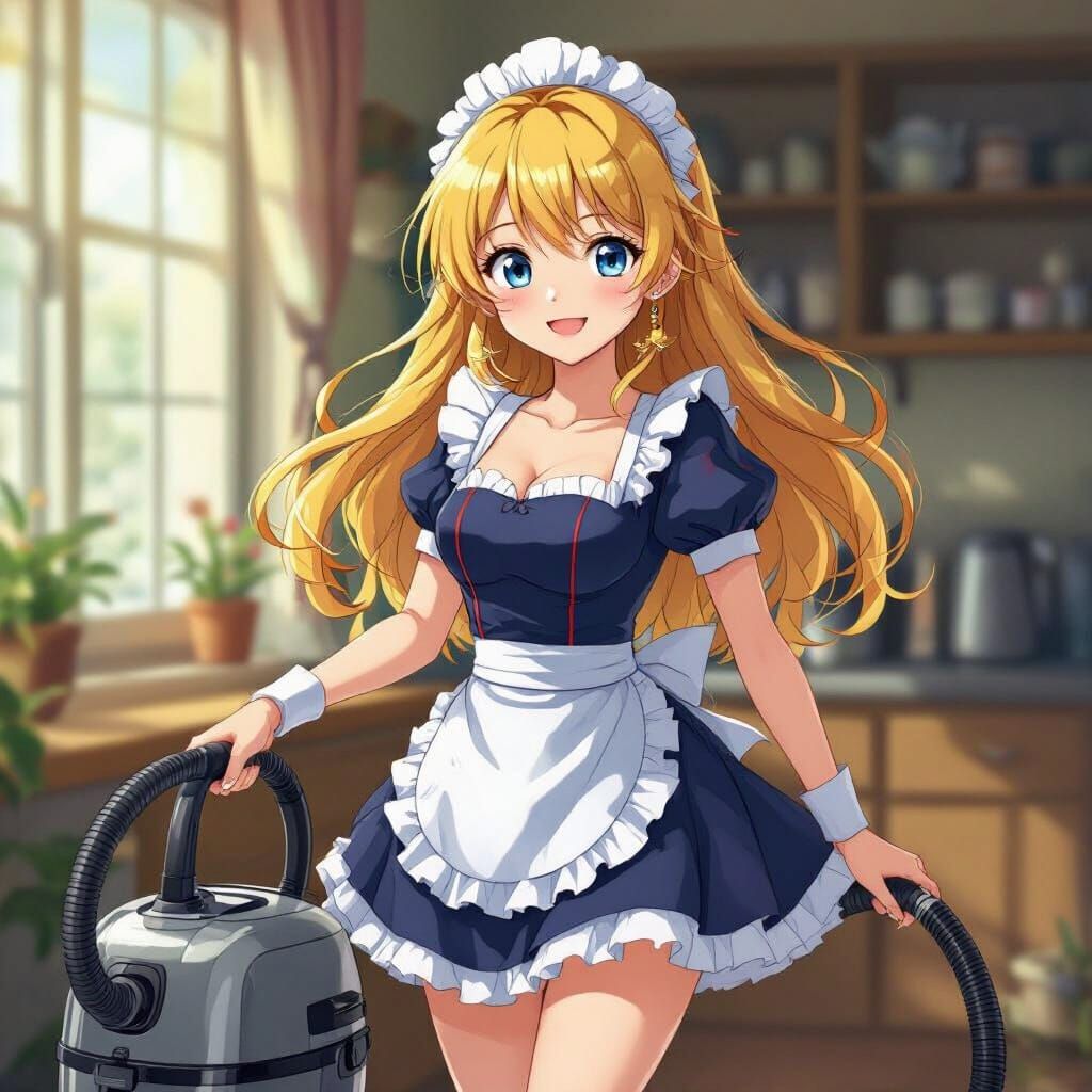 Anime Maid Girl with Vintage Vacuum Cleaner