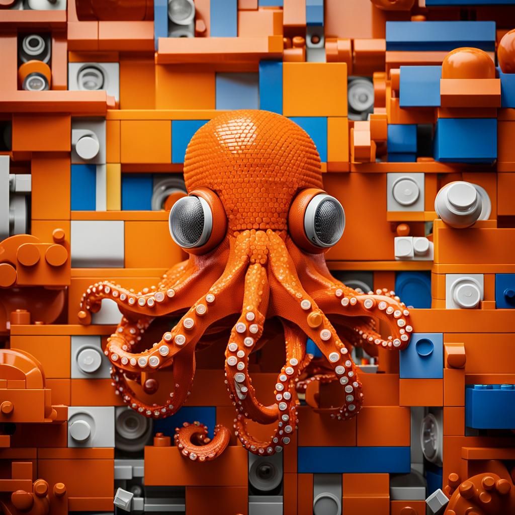 Orange Octopus Builds Lego: Professional Studio Portrait