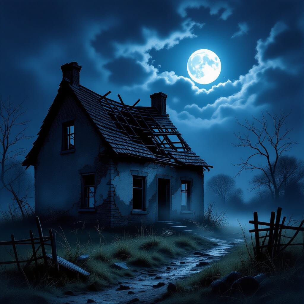Moonlit Ruined House in Dramatic Atmospheric Style