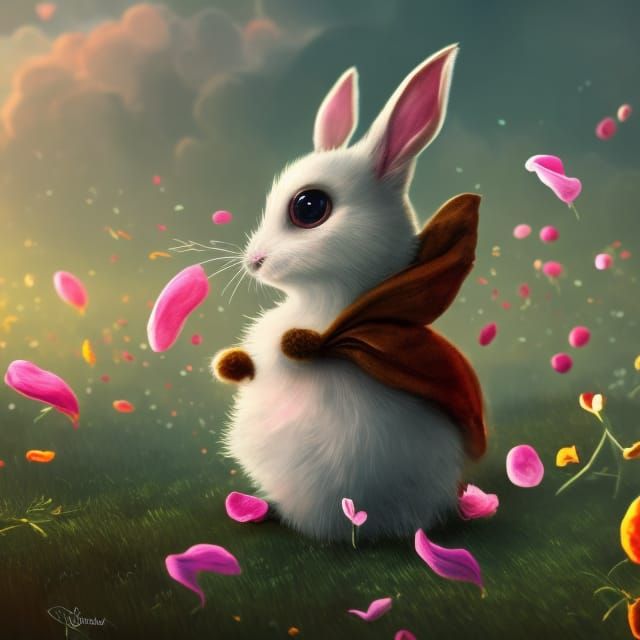 Cute Bunny in Flower Meadow: Digital Art