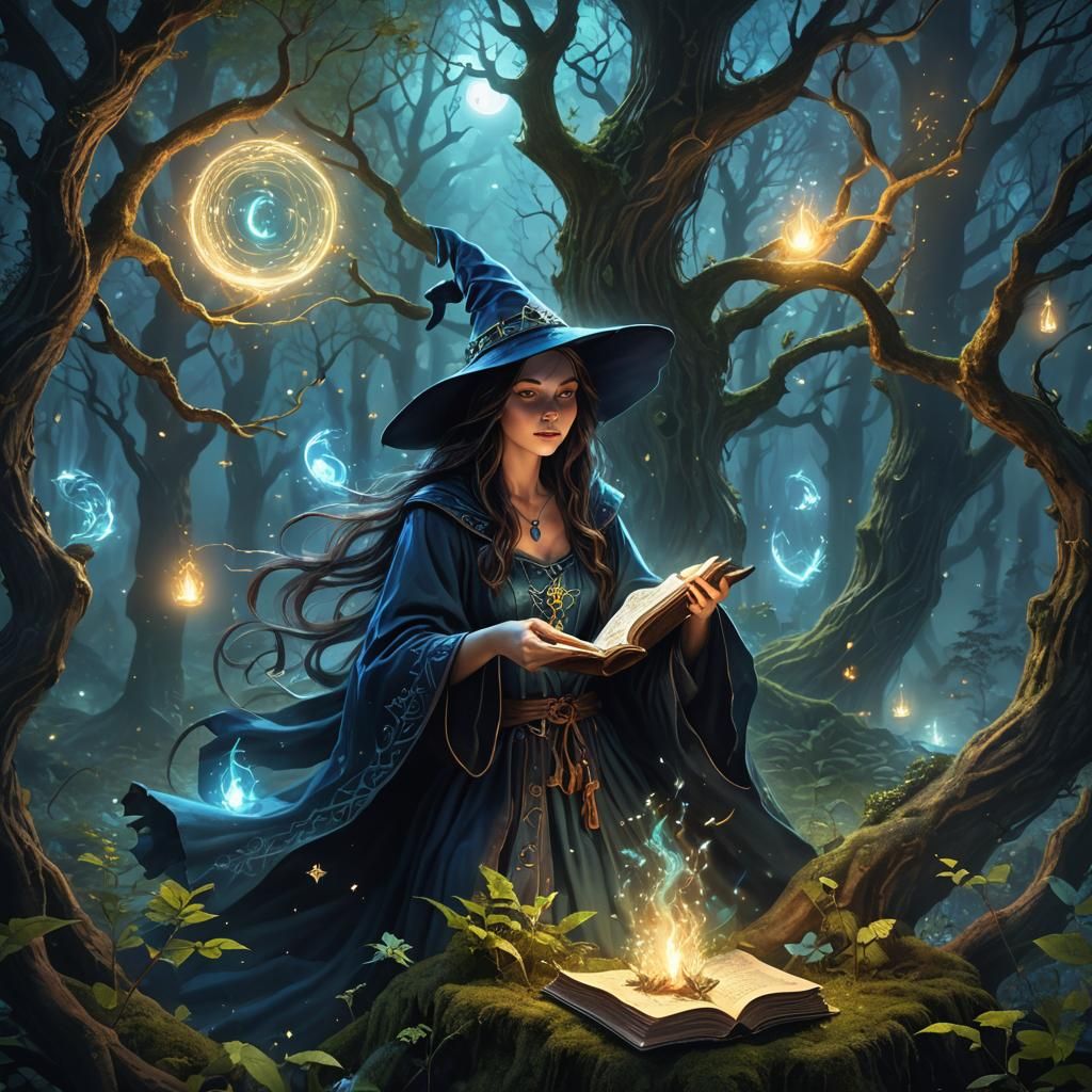 Mystical Witch Casting Spell in Enchanted Forest