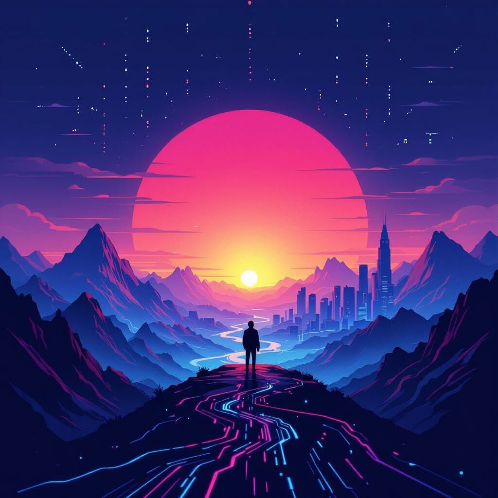 Figure at Digital Mountain Precipice Under Binary Sunset