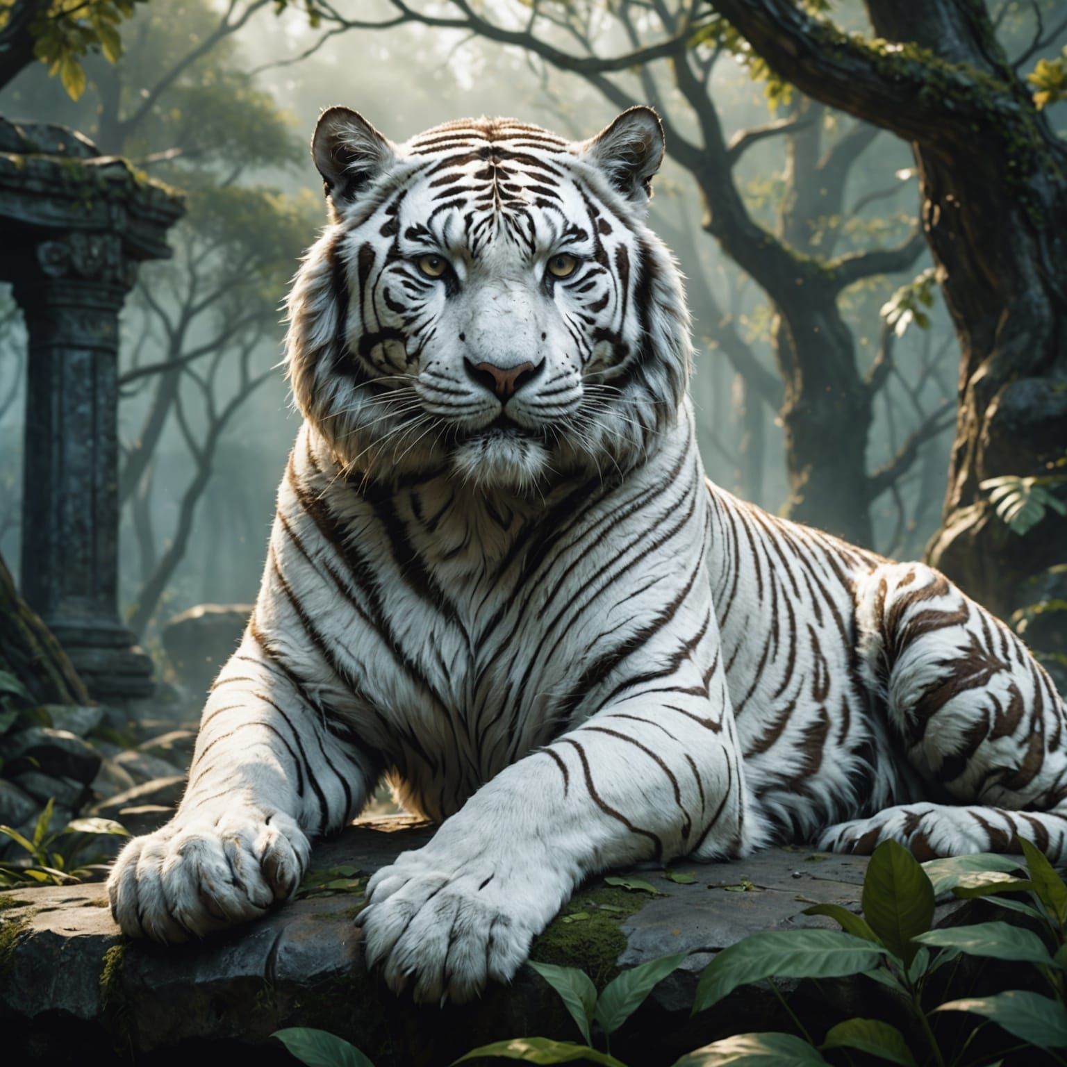 Bored White Tiger After Slaying, Detailed Digital Art
