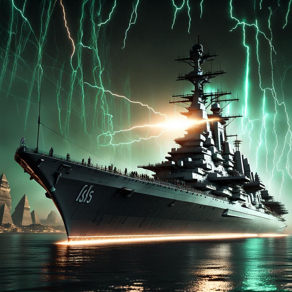USS Eldridge Over Giza in Sci-Fi Lightning Storm