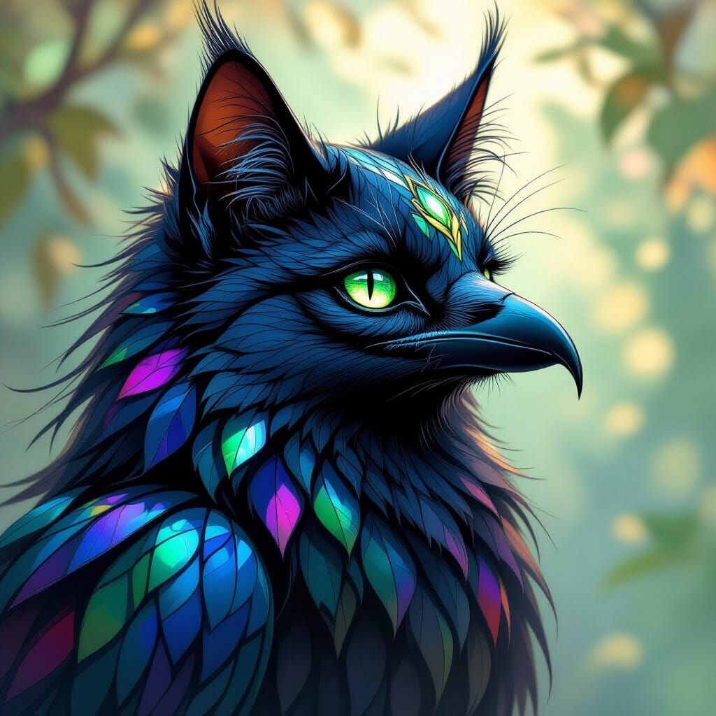 Stained Glass Raven Cat in Art Nouveau Style
