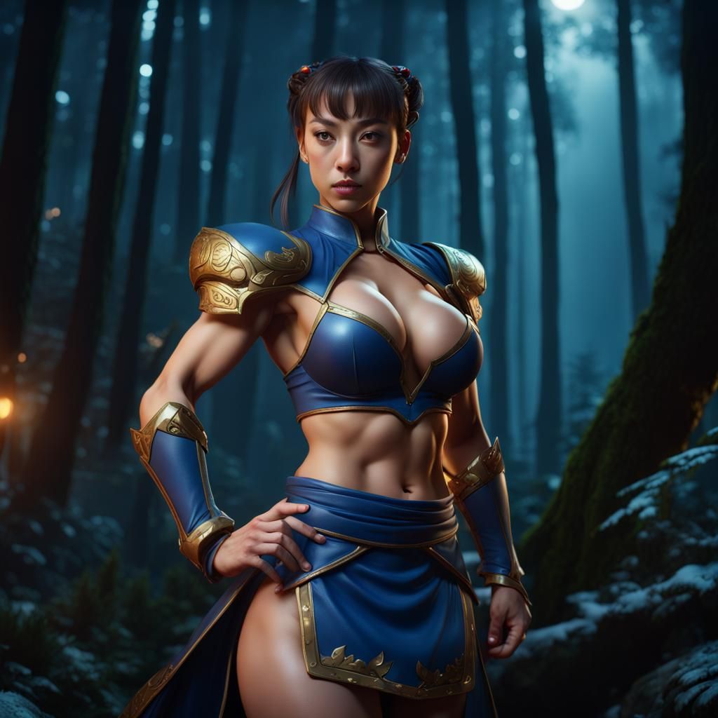 Chun Li with Six-Pack Abs in Forest, Detailed Digital Art