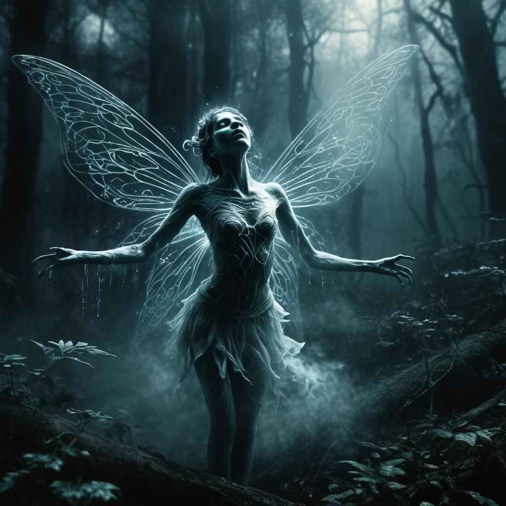 Ethereal Fairy Disintegrating into Mist in Haunted Forest
