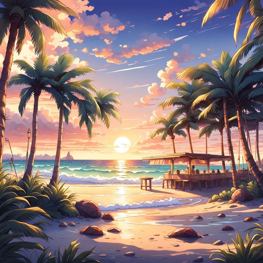 Tropical Beach Sunset in Anime Style