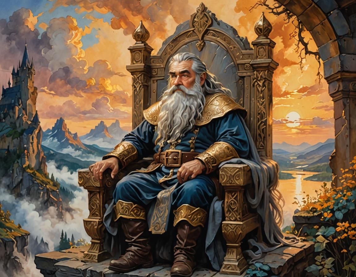 Dwarf King on Throne in Gouache Impressionism