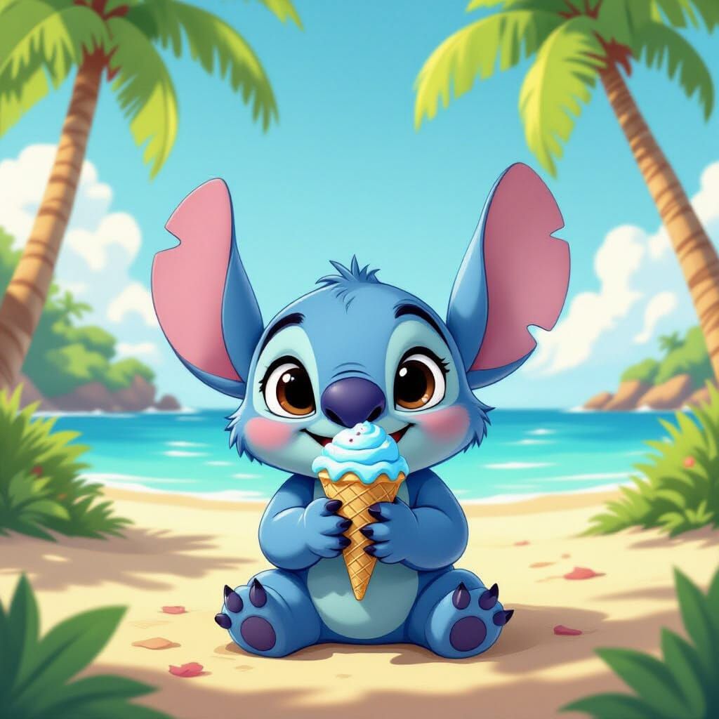 Cute Fluffy Stitch with Ice Cream on Tropical Beach