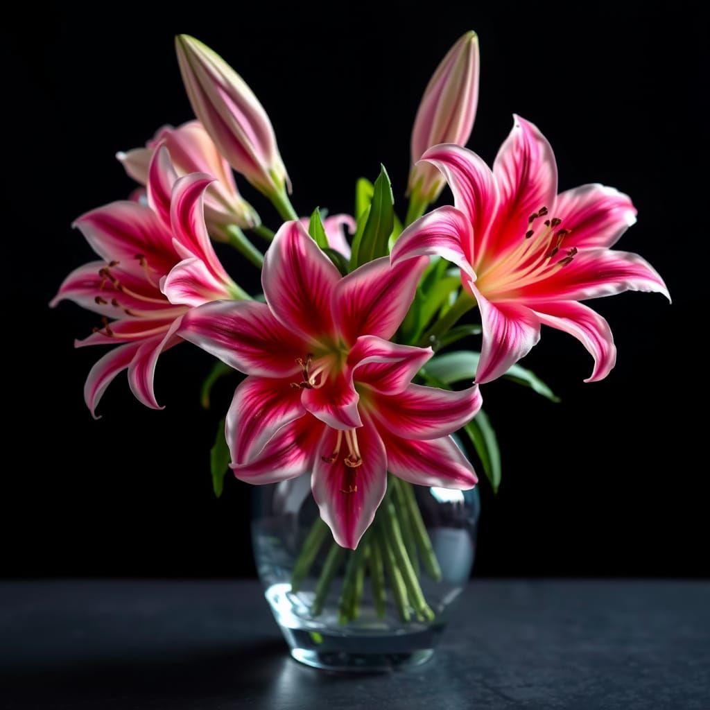 Surreal Glass Vase Filled with Glowing Pink Stargazer Lilies