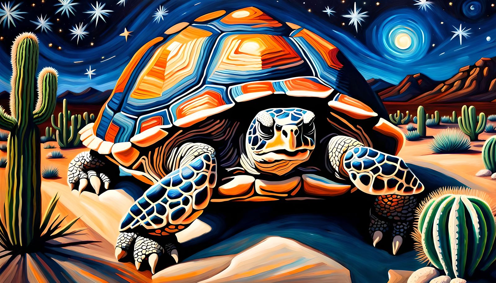 Desert Tortoise in Starry Night, Impasto Oil Painting
