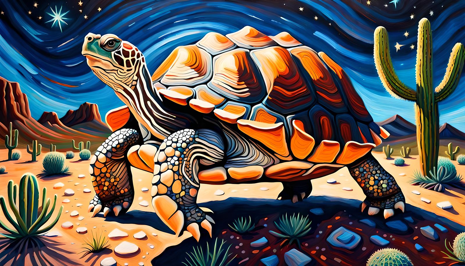 Desert Tortoise in Starry Night, Impasto Oil Painting