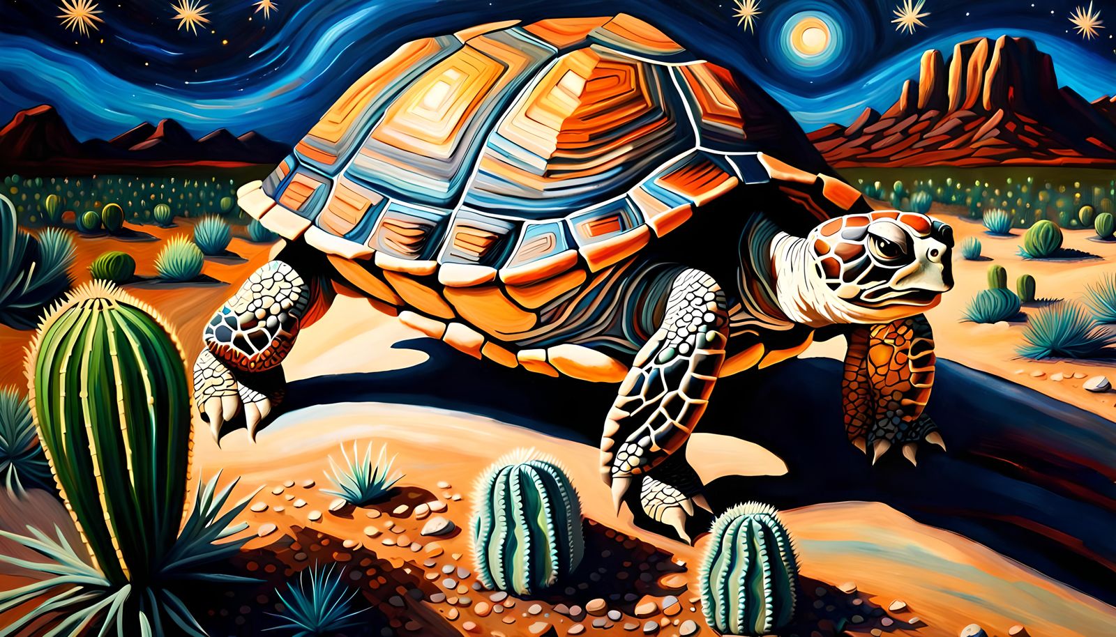 Desert Tortoise under Starry Night Sky as Impasto Oil Painti...