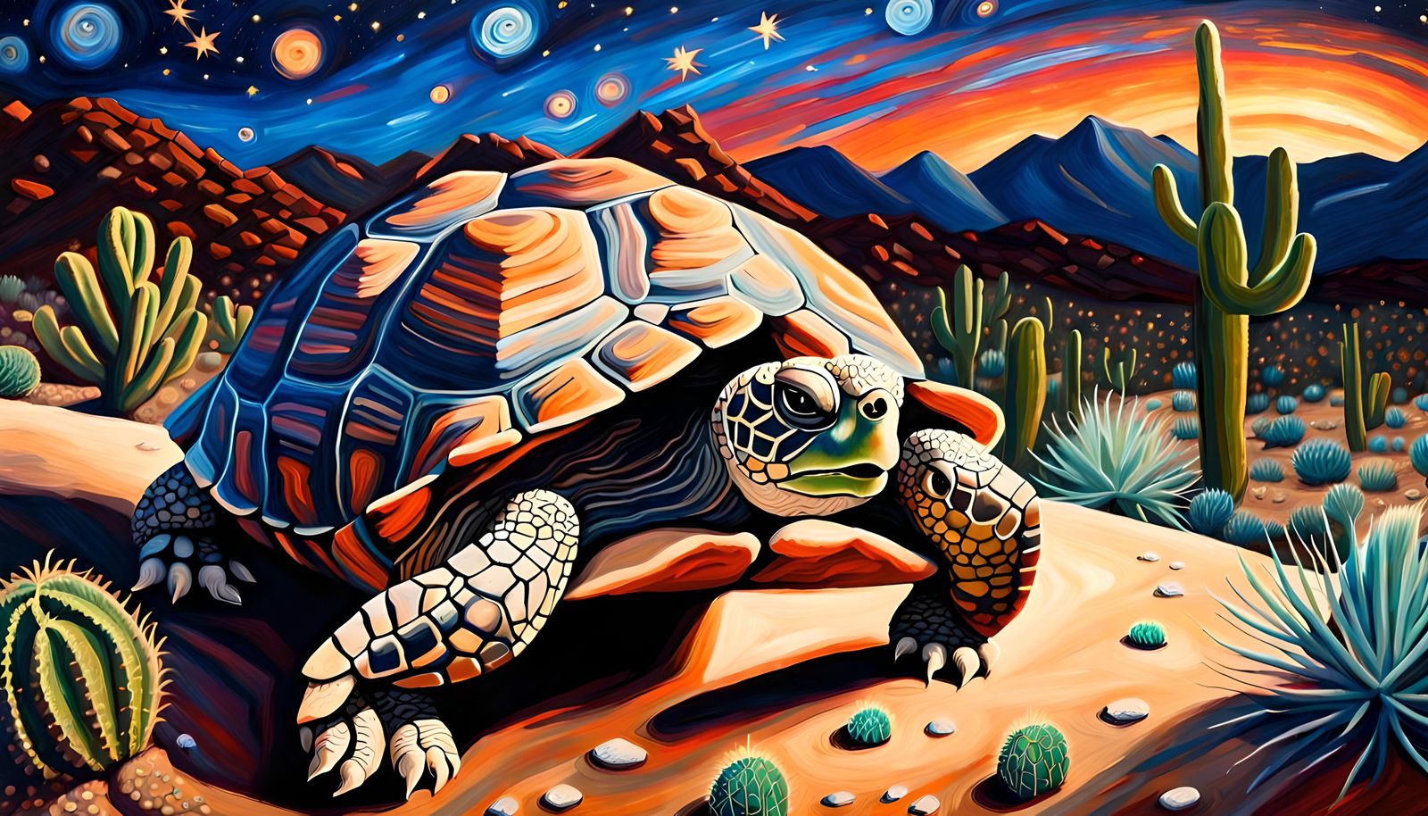 Desert Tortoise in Starry Night, Impasto Oil Painting