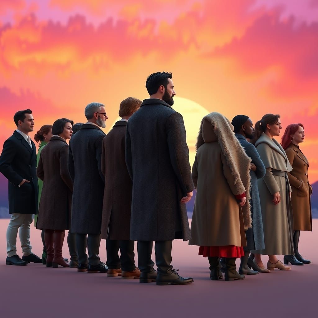 People in Curved Line at Sunset: 3D Digital Art