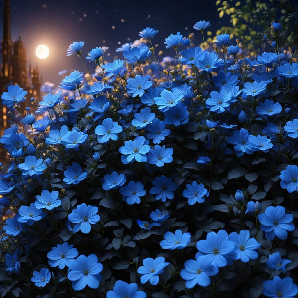 Blue Flowers in a Magical Night, Hyper-Realistic Scene