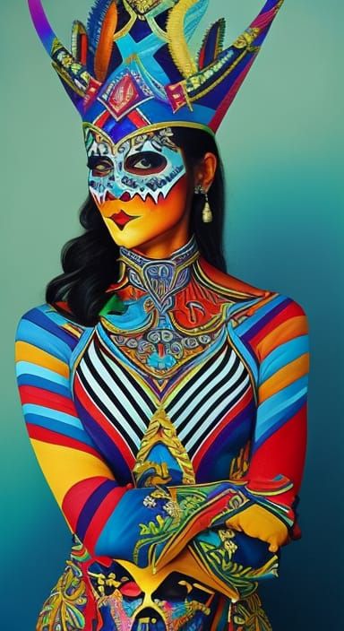 Lady with Skull Face Paint in Origami Dress