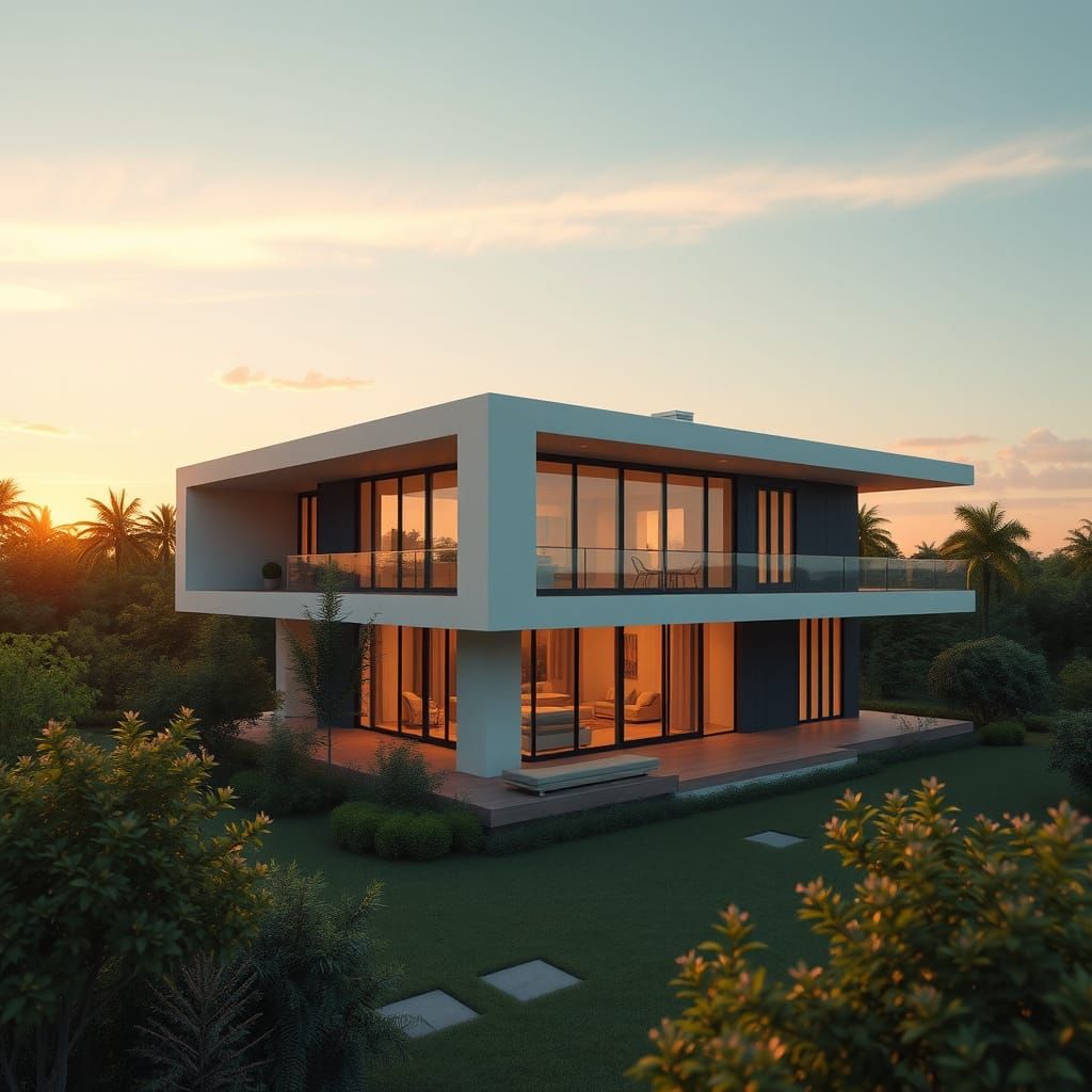 Sleek Modern House in Lush Greenery at Sunset