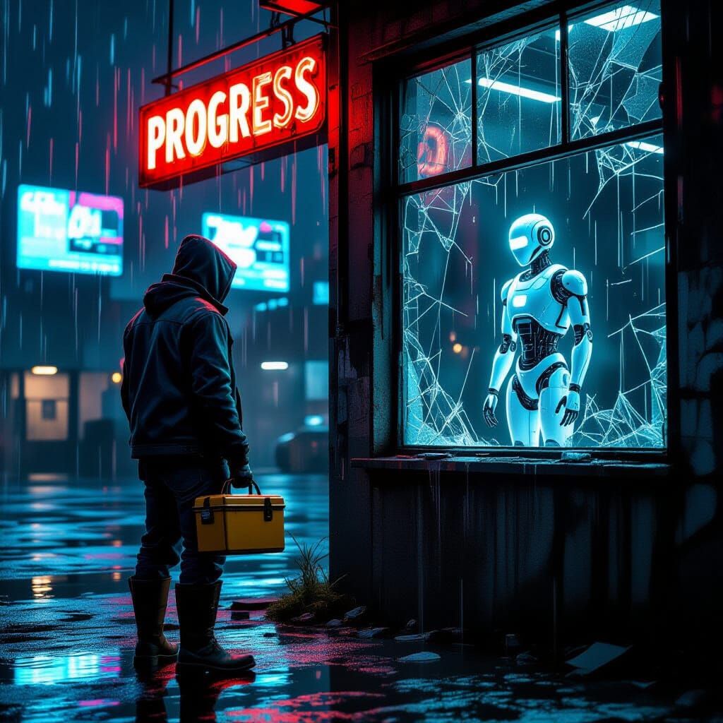 Worker Glimpses Future in Cyberpunk Industrial Scene
