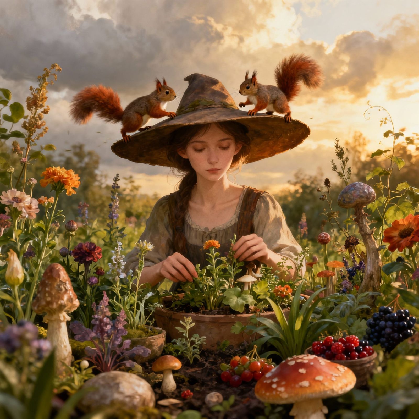 Young Woman Tends Magical Garden with Squirrels