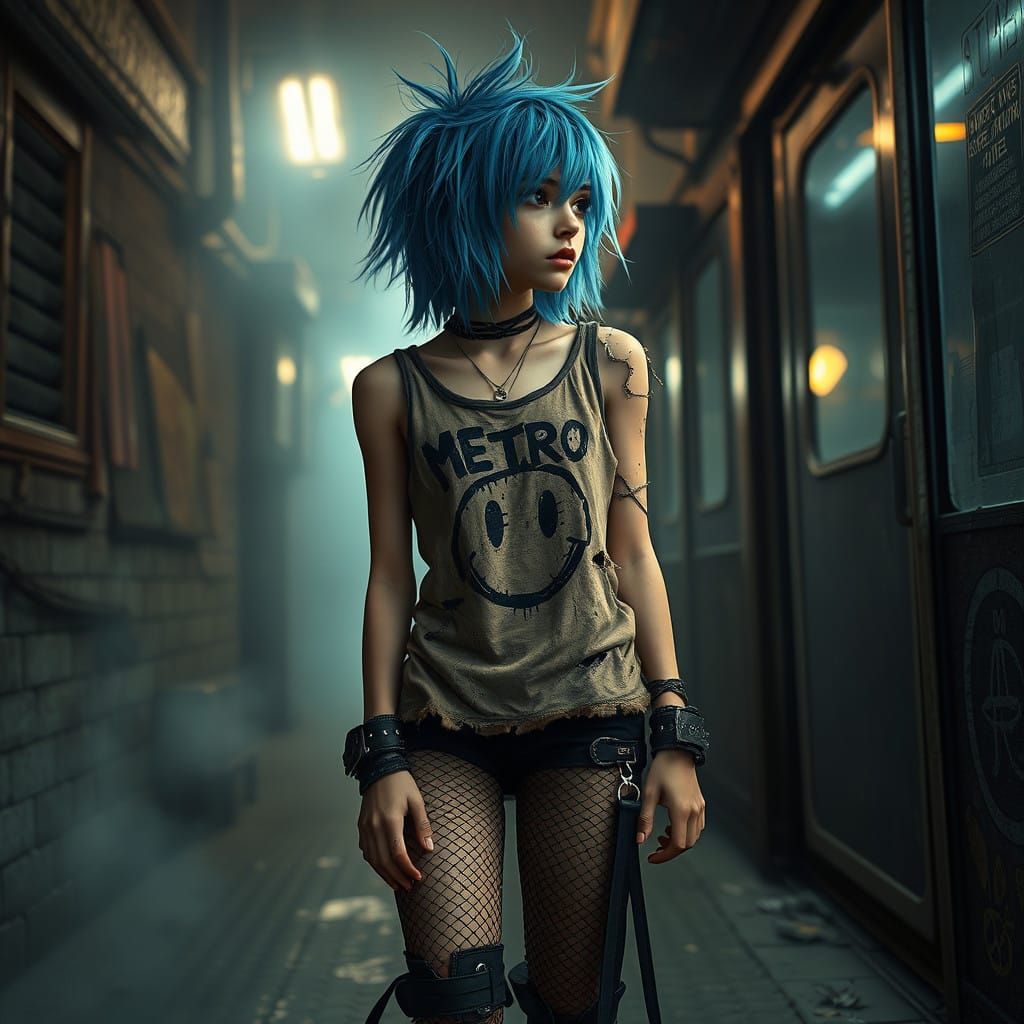 Cyberpunk Punk Girl Waits for Train in Dystopian Alleyway