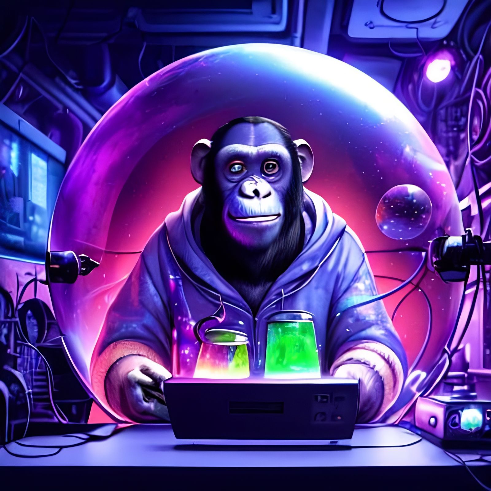 Cosmic Scientist Chimpanzee in Retro-Futuristic Bubble