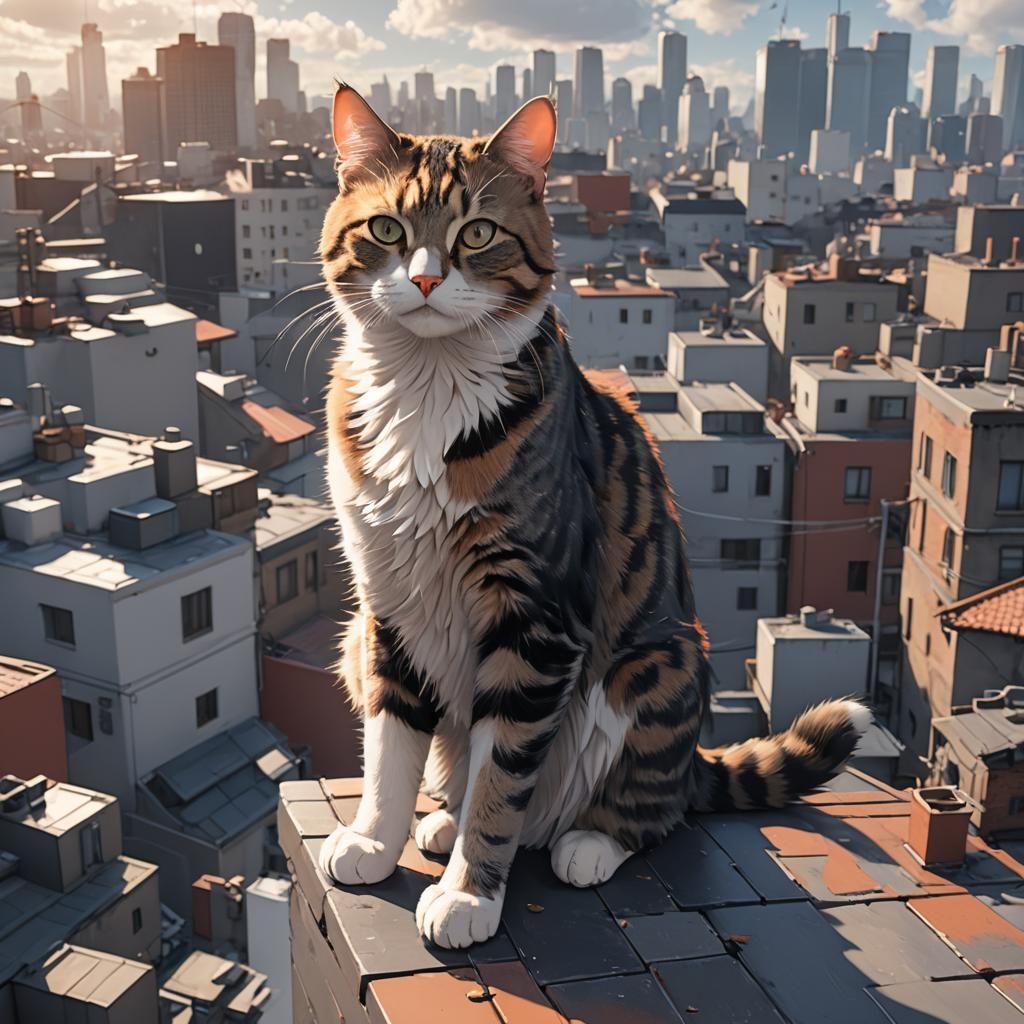 Anime Cat on Rooftop in 3D Art Style