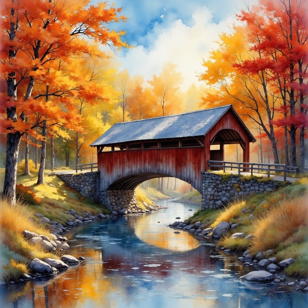 Autumn Covered Bridge in Glowing Light, Watercolor Style
