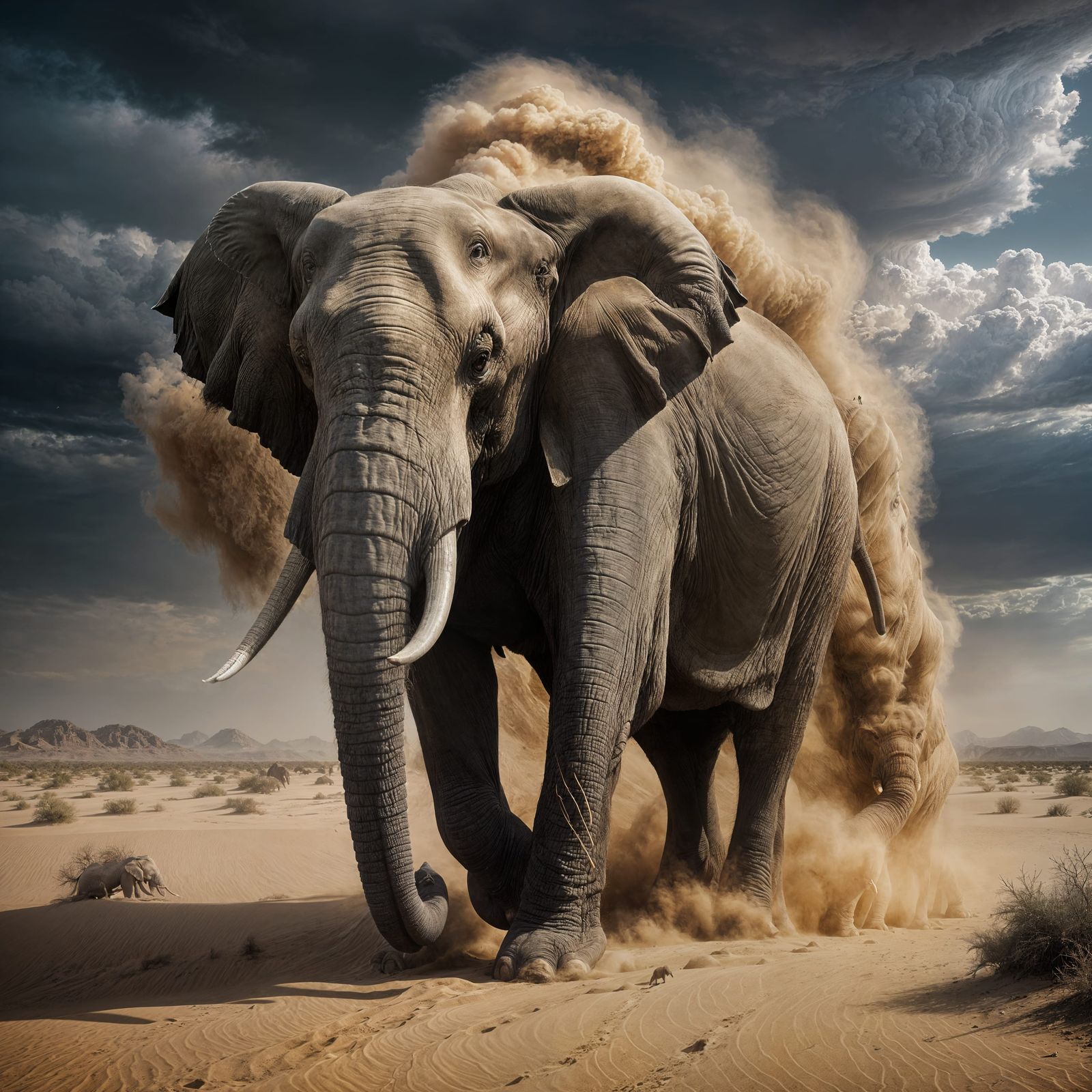 Magical Elephant Emerge from Desert Sandstorm in Moody Art