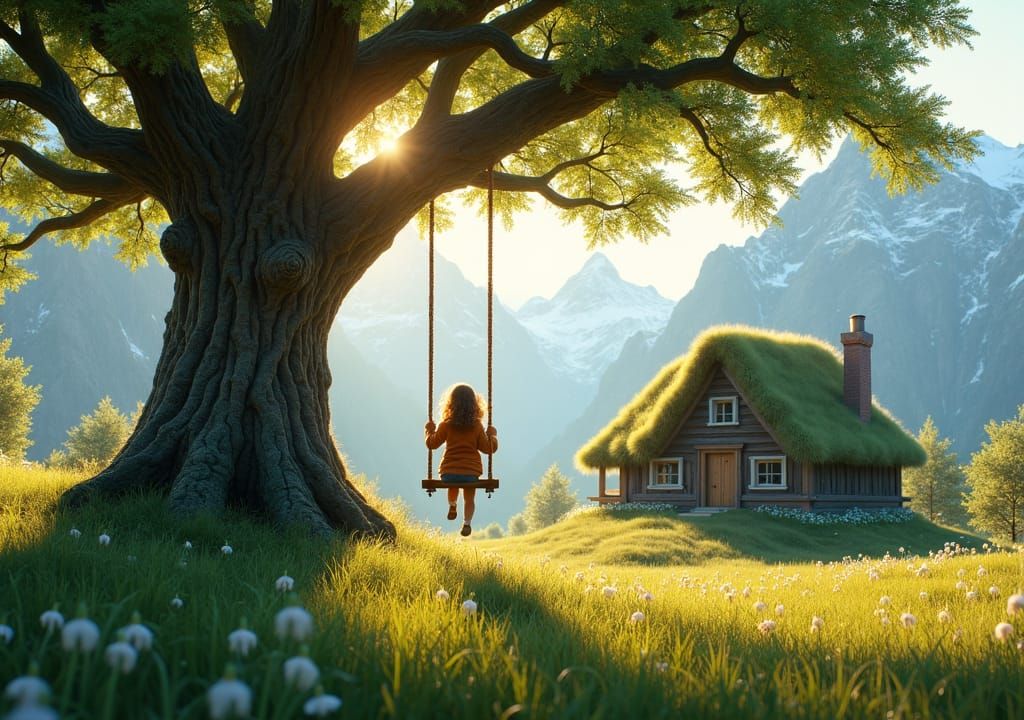Girl on Swing at Cottage, Digital Matte Painting