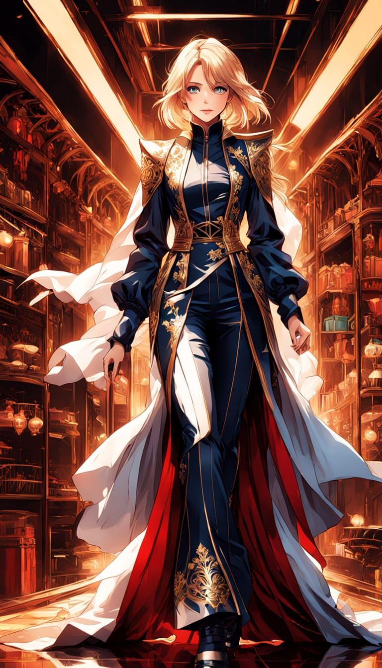 Elegant Regal Woman with Wavy Blonde Hair and Red Glowing Ey...