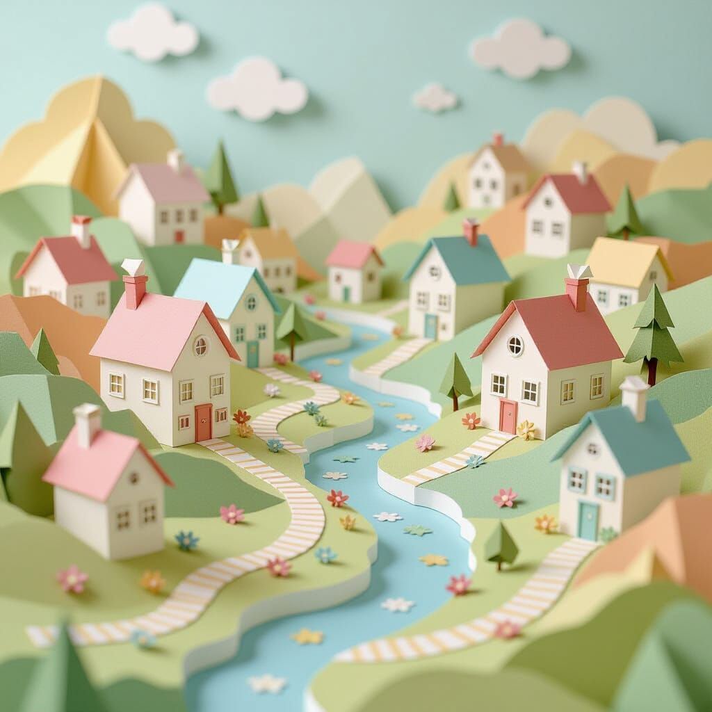 Whimsical Paper Village in Pastel Storybook Style