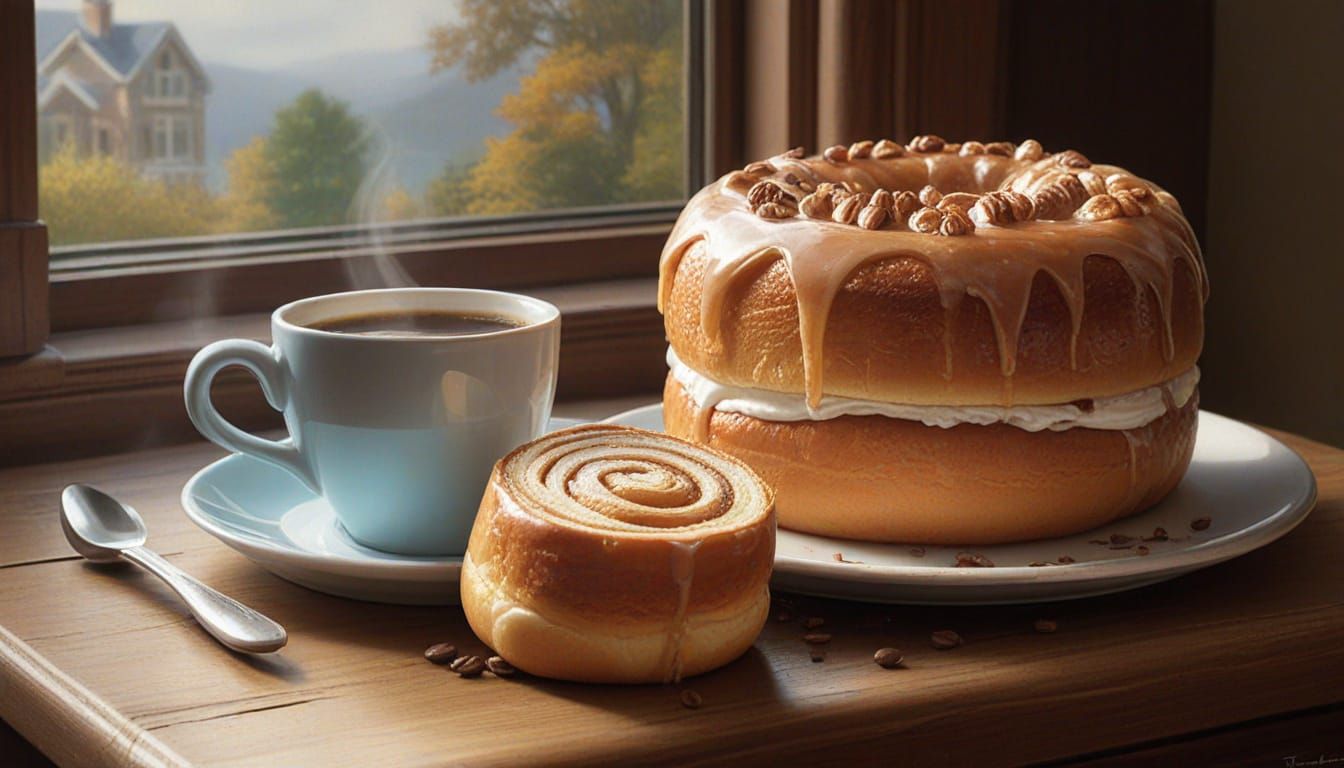 Warm Coffee and Cinnamon Roll: A Thomas Kinkade Style Scene