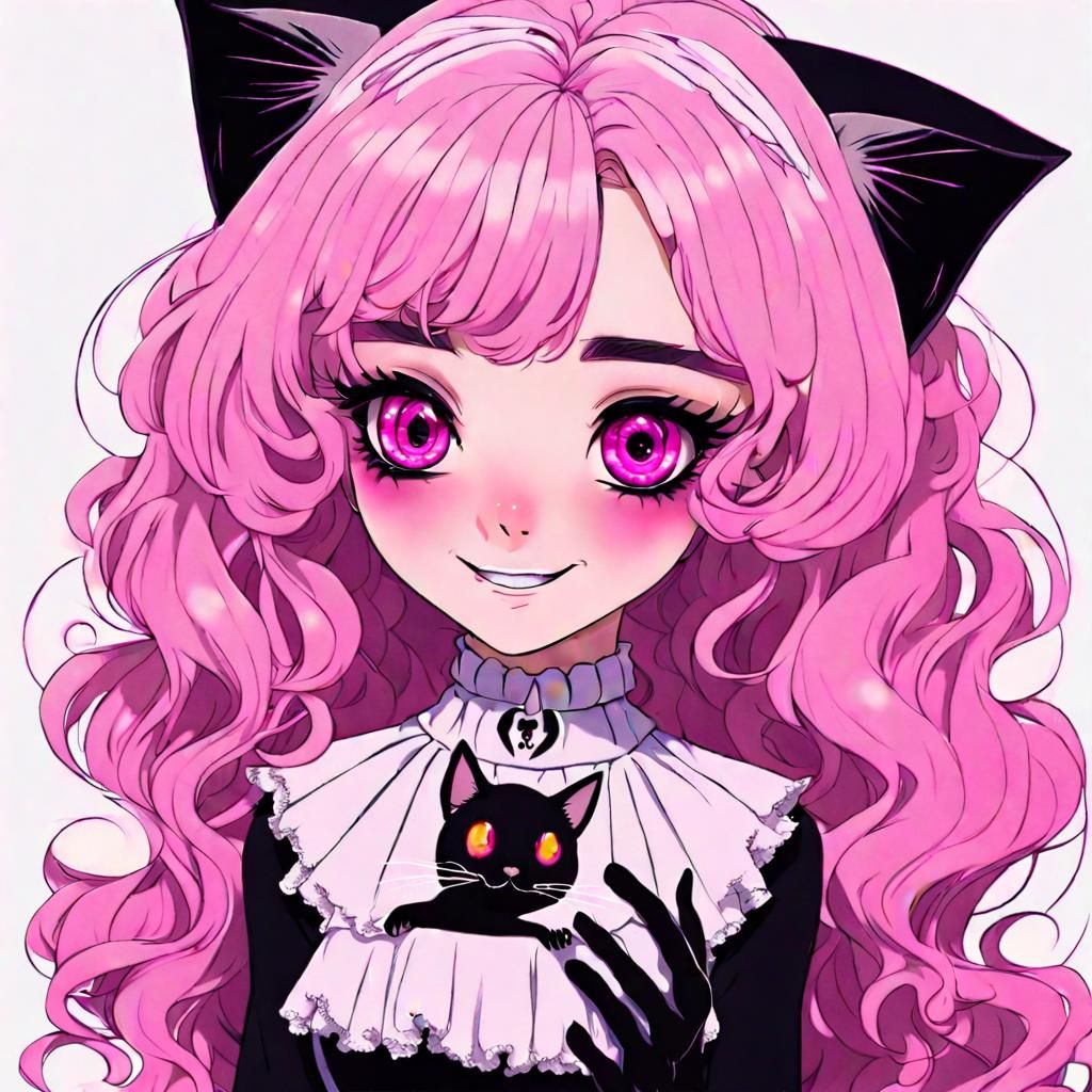 Gothic Anime Girl with Cat Face in Dark Fantasy Style