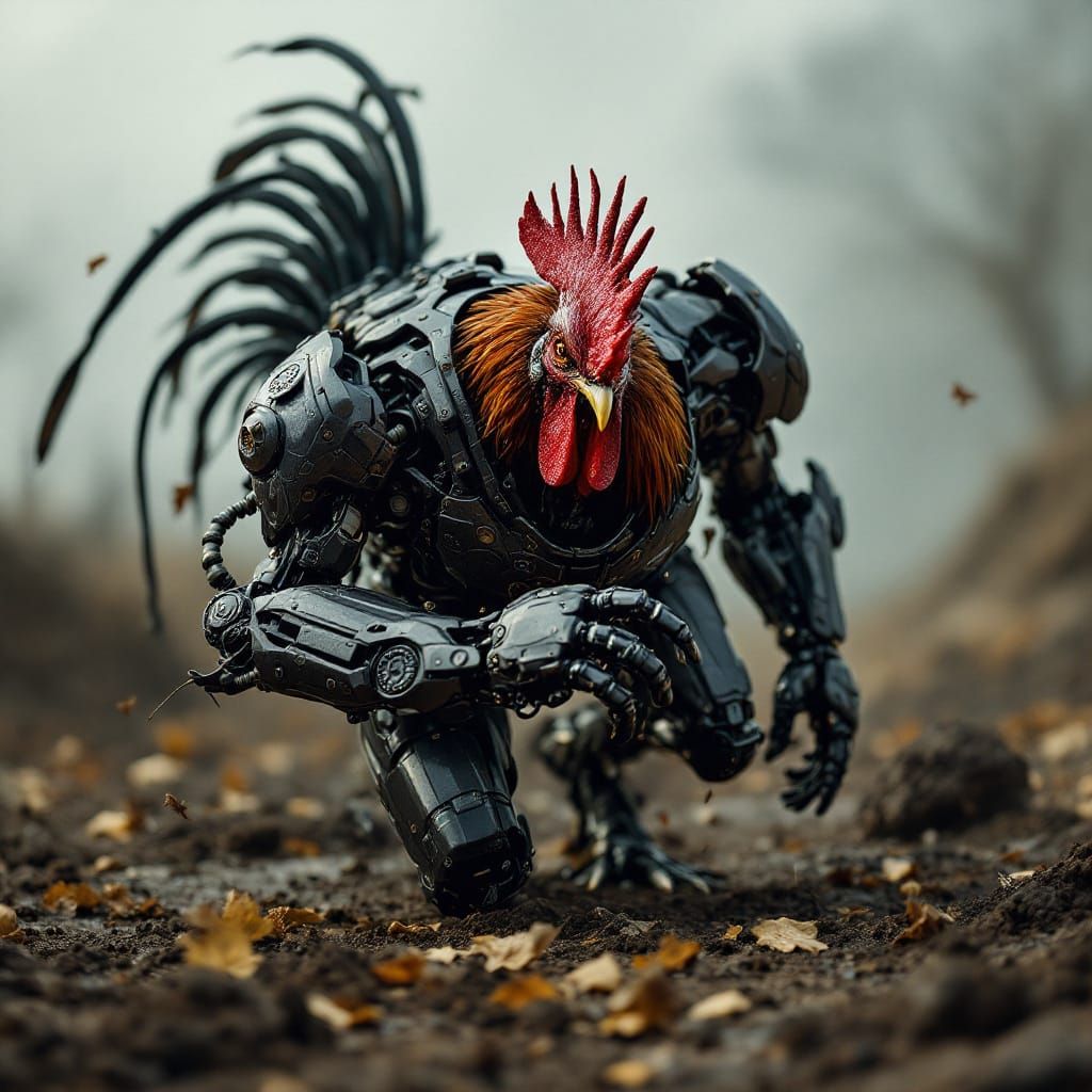 Futuristic Mech and Rooster in Autumn Barnyard