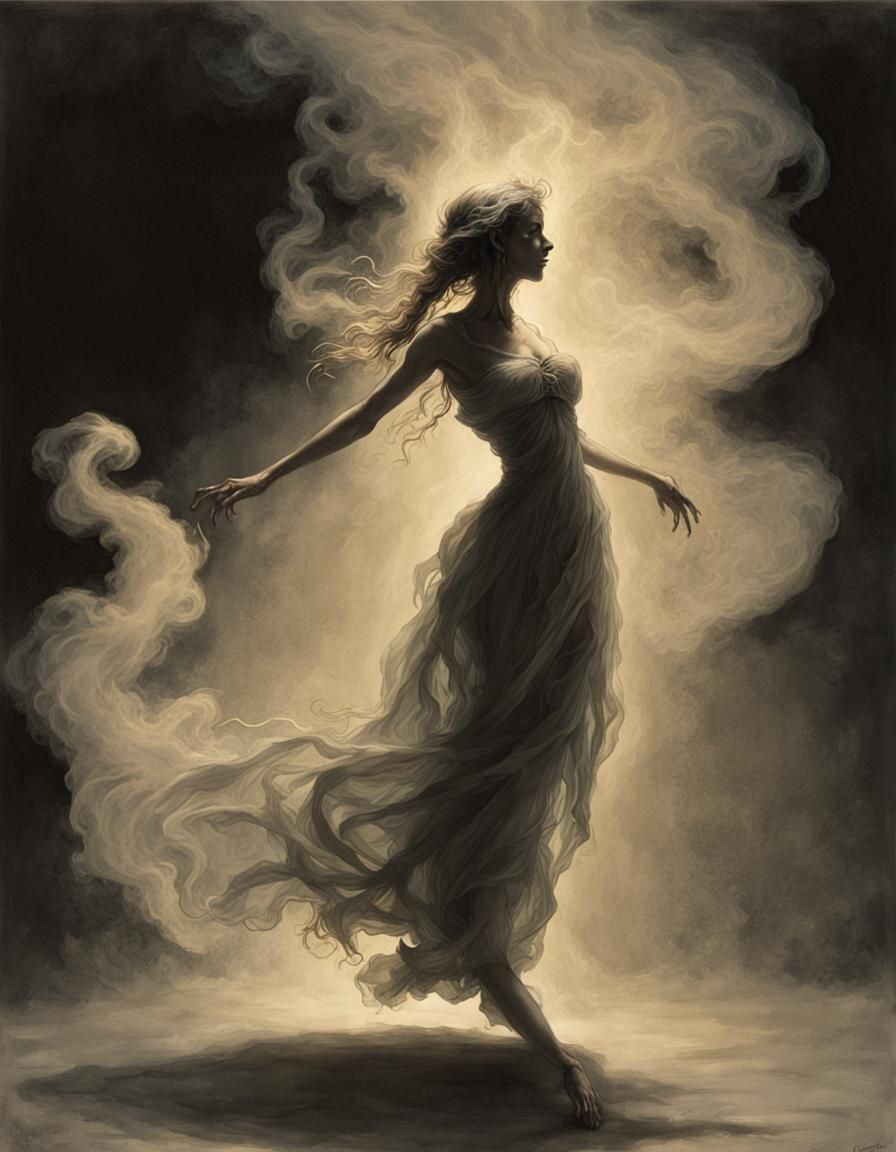 Ethereal Smoke Woman Dancing in Soft Light