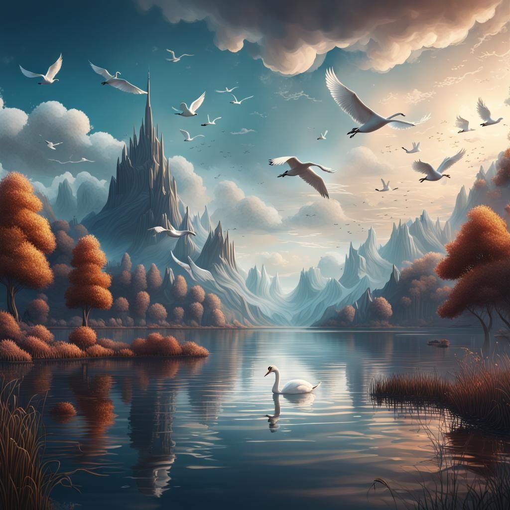 Line Art Swan on a Lake Landscape