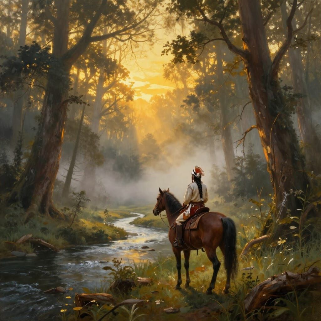 Native American Scout on Horseback at Dawn Oil Painting